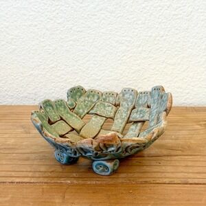 Studio Pottery Woven Slab Bowl Blue Green Glaze‎ Footed Handbuilt Sculptural